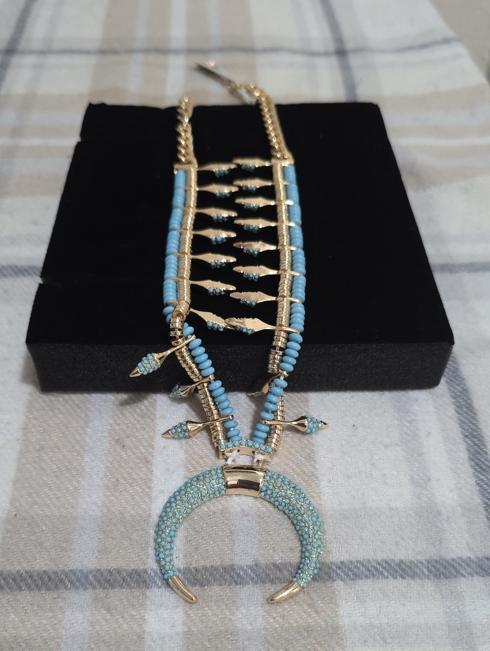 Gold-Tone Turquoise Beaded Crescent Pendant Necklace - Women Jewelry